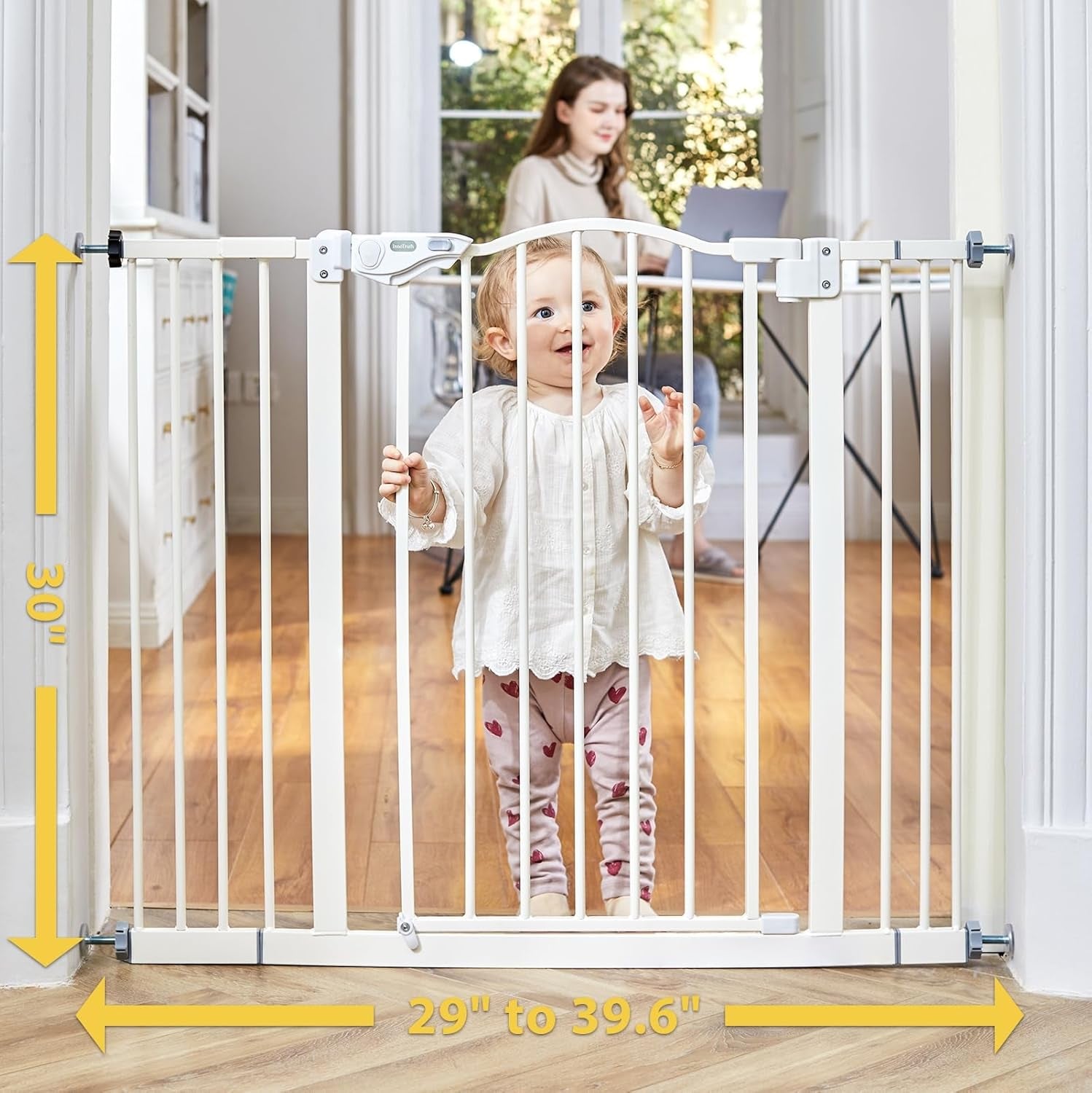 29-39.6" Baby Gate for Pets, Auto Close Both Sides Dog Gate with One-Hand Opening, 30" Tall Safety Gates for Stairs, Hallways, Bedrooms, Wall Pressure Mount No Drill, White